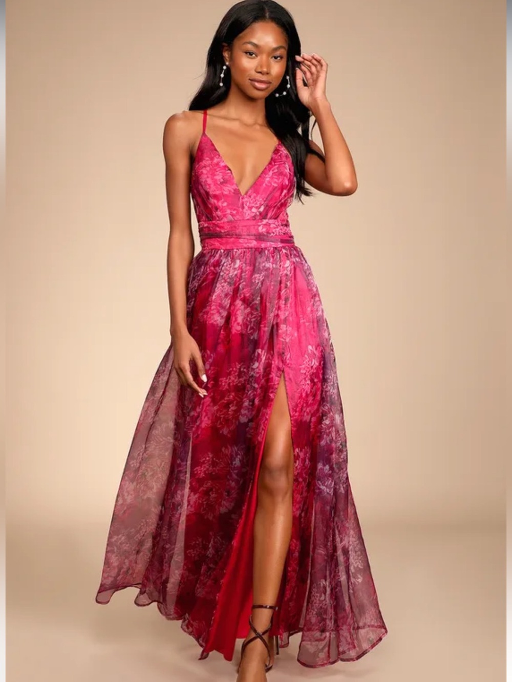 NWT Lulu’s Romance That Wows 
Raspberry Floral Organza Flowy Maxi Dress Medium